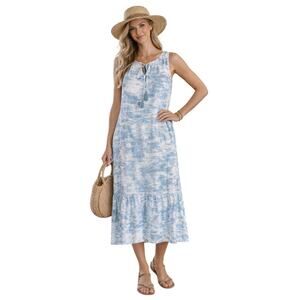 BeachLunchLounge Water Art Dress Blue White Tassel Tie Viscose Midi M/M